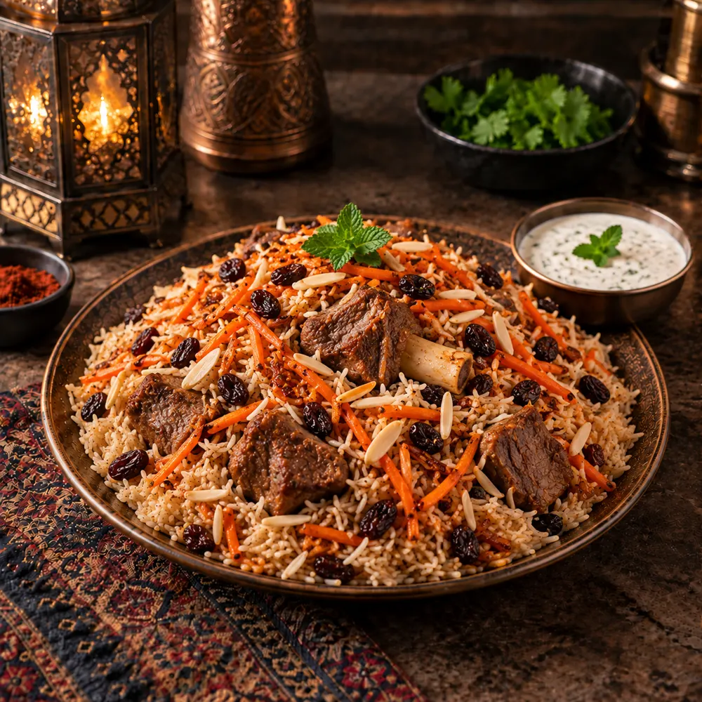 Kabuli pulao with lamb shank